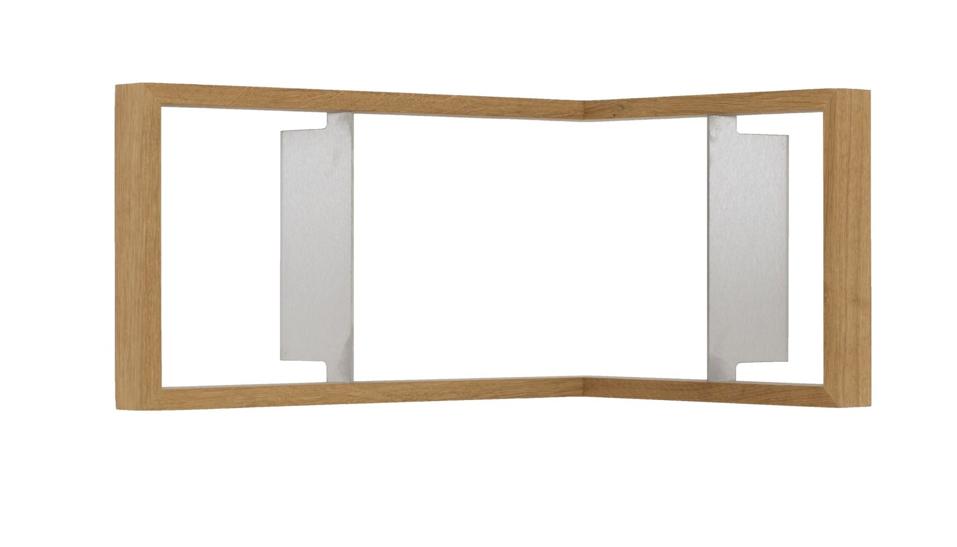 Eckiges Wandregal "b-eck" aus Eiche mit silbernen Halterungen, modernes Design für Wohnzimmer und Büro.